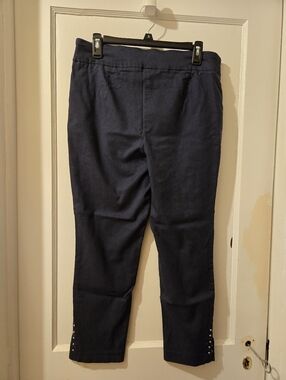 Roz & Ali Navy Straight-Leg Pull-On Pants with Hem Buttons